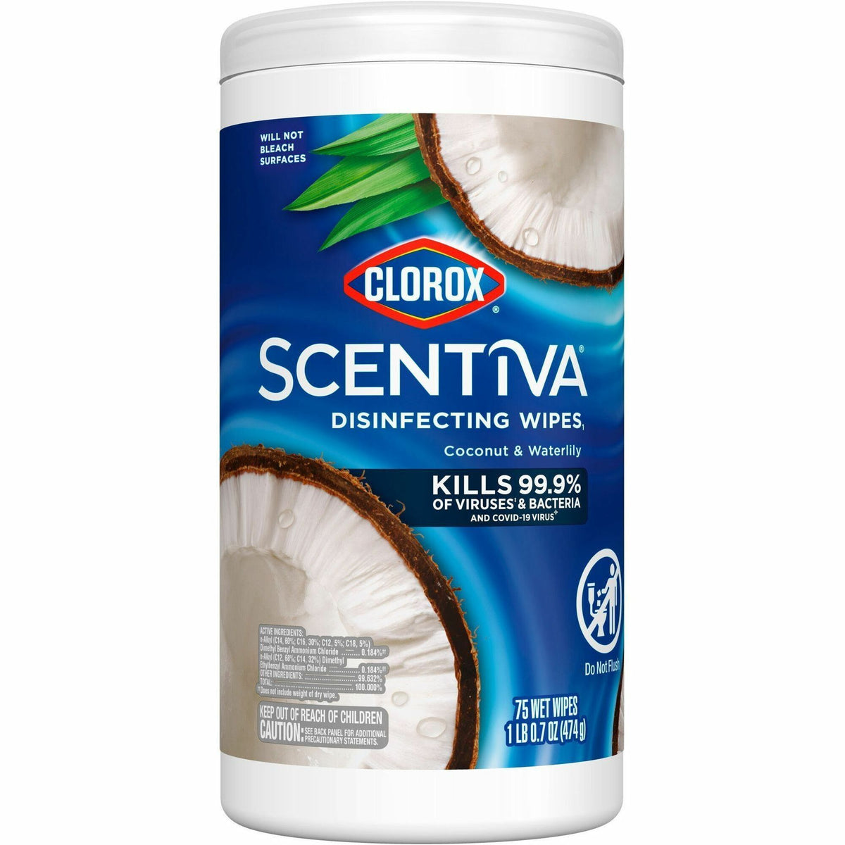 Clorox Scentiva Wipes, Bleach Free Cleaning Wipes - Ready-To-Use - Coconut & Water Lily Scent - Bleach-free, Disinfectant, Deodorize - White - 75/Tub - 1 Each