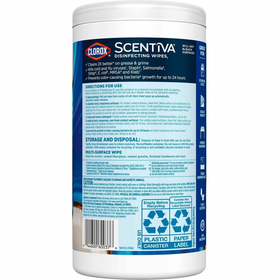 Clorox Scentiva Wipes, Bleach Free Cleaning Wipes - Ready-To-Use - Coconut & Water Lily Scent - Bleach-free, Disinfectant, Deodorize - White - 75/Tub - 1 Each