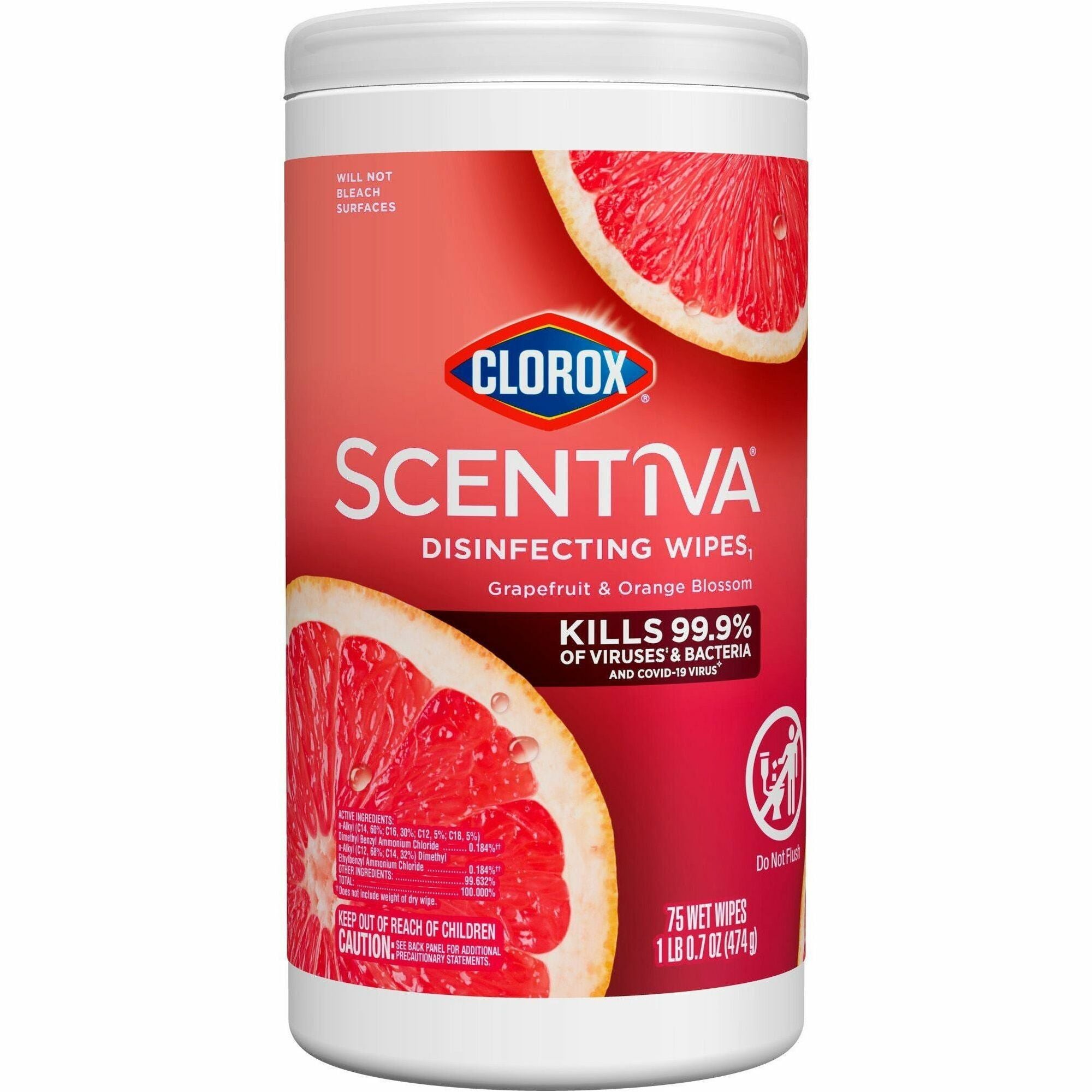 Clorox Scentiva Wipes, Bleach Free Cleaning Wipes - Ready-To-Use - Grapefruit, Orange Blossom Scent - Bleach-free, Disinfectant, Deodorize - White - 75/Tub - 1 Each