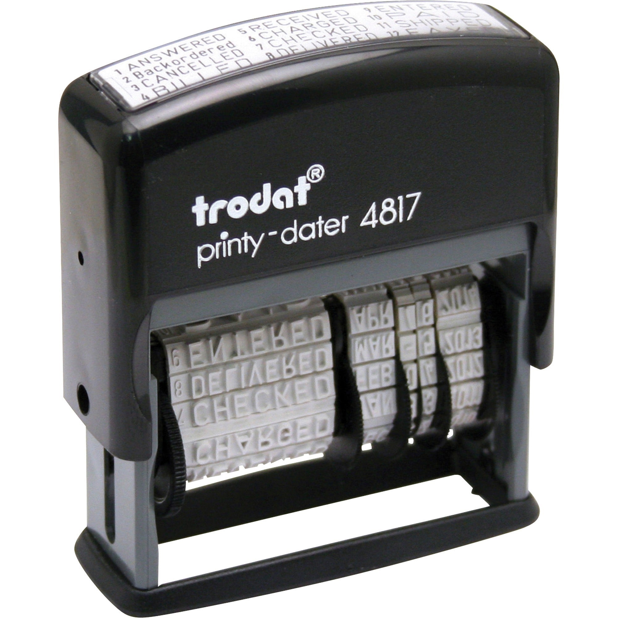 Trodat 12-Message Business Stamp - Message Stamp - ANSWERED, BACKORDERED, CANCELLED, BILLED, RECEIVED, CHARGED, CHECKED, DELIVERED, ENTERED, PAID, SHIPPED, ... - 0.38" Impression Width - 10000 Impression(s) - Black - Plastic Plastic - Recycled - 1 Each