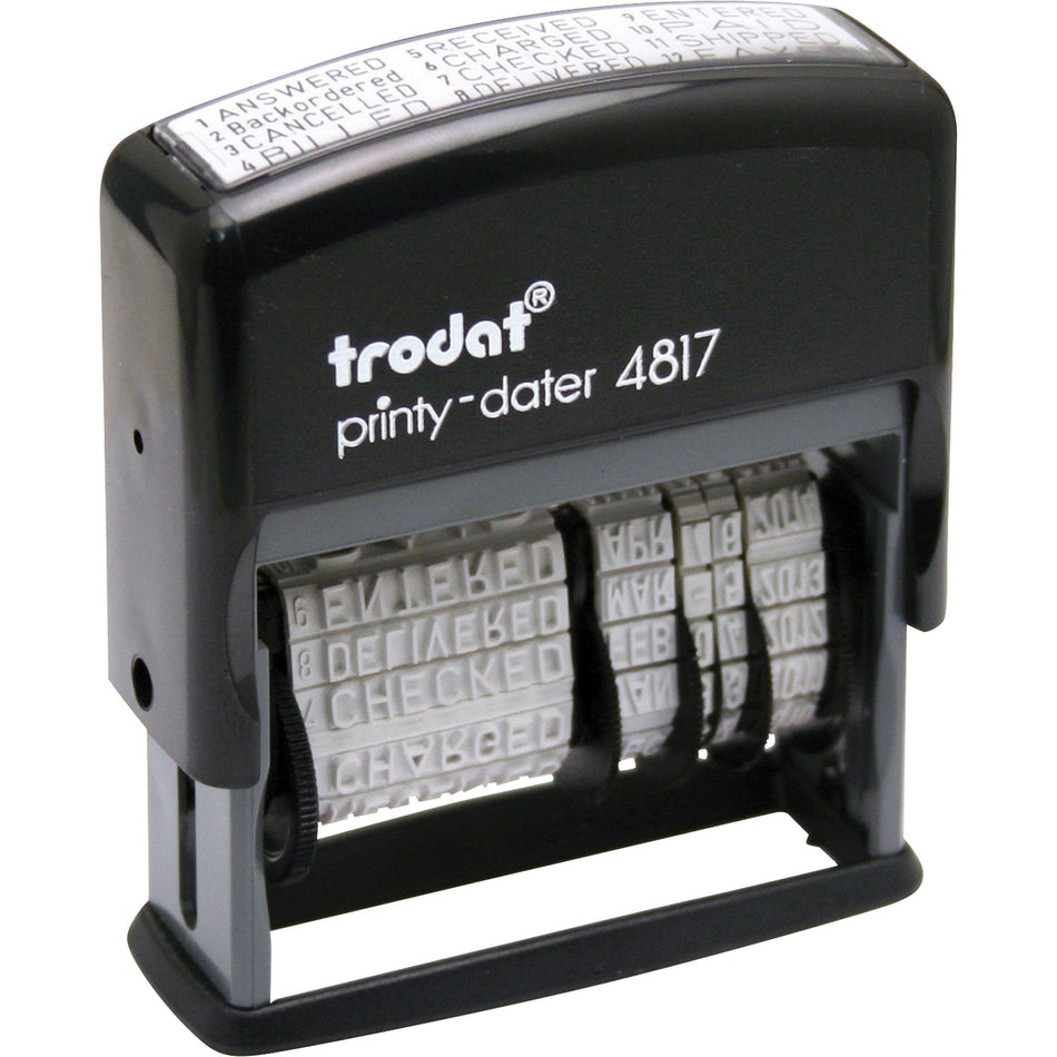 Trodat 12-Message Business Stamp - Message Stamp - ANSWERED, BACKORDERED, CANCELLED, BILLED, RECEIVED, CHARGED, CHECKED, DELIVERED, ENTERED, PAID, SHIPPED, ... - 0.38" Impression Width - 10000 Impression(s) - Black - Plastic Plastic - Recycled - 1 Each
