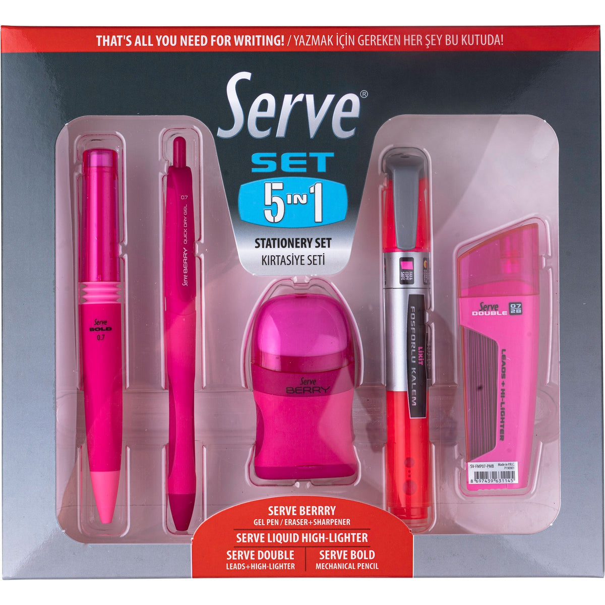 So-Mine Serve 5 in 1 Stationery Set - Pink - 5 / Pack