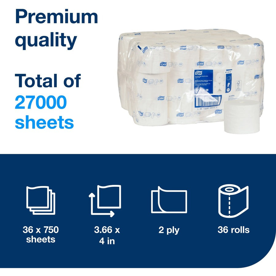 TORK Coreless High-Capacity Toilet Paper Roll White T7 - 2 Ply4" Length - 750 Sheets/Roll - 4.75" Roll Diameter - White - Paper - 36 / Carton