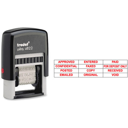 Trodat 12-Message Stamp - Message Stamp - APPROVED, CONFIDENTIAL, COPY, EMAILED, ENTERED, FAXED, FOR DEPOSIT ONLY, ORIGINAL, PAID, POSTED, RECEIVED, ... - 0.38" Impression Width x 1.25" Impression Length - 10000 Impression(s) - Red - Recycled - 1 Each