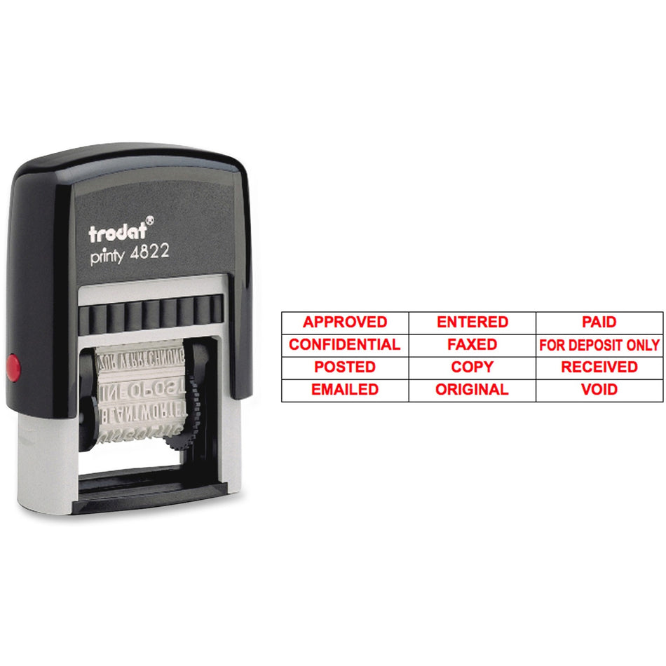 Trodat 12-Message Stamp - Message Stamp - APPROVED, CONFIDENTIAL, COPY, EMAILED, ENTERED, FAXED, FOR DEPOSIT ONLY, ORIGINAL, PAID, POSTED, RECEIVED, ... - 0.38" Impression Width x 1.25" Impression Length - 10000 Impression(s) - Red - Recycled - 1 Each