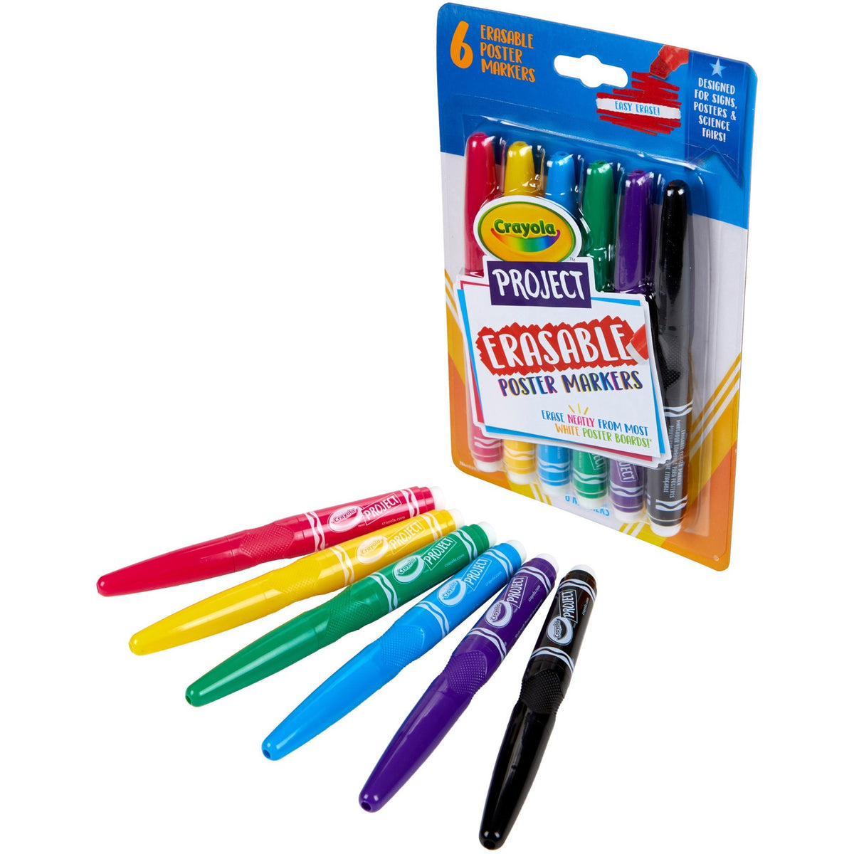 Crayola Project Erasable Poster Markers - Chisel Marker Point - Erasable - Red, Yellow, Green, Blue, Purple, Black Ink - 6 / Pack