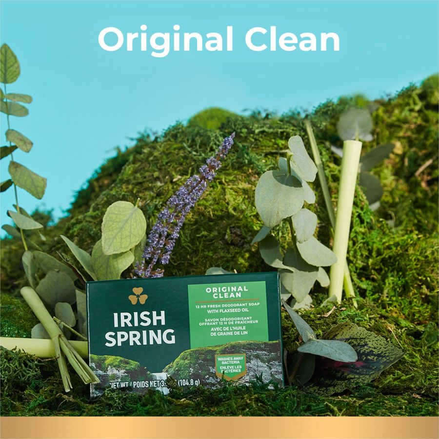 Irish Spring Deodorant Bar Soap with Flaxseed Oil - Original Clean Scent - 3.75 oz - Bacteria Remover - Skin, Hand - Green - Paraben-free, Phthalate-free, Gluten-free, Recyclable - 3/Pack - 18 / Carton