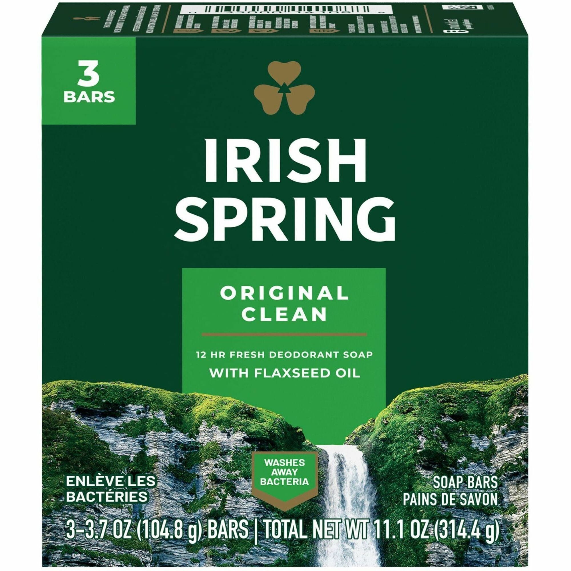 Irish Spring Deodorant Bar Soap with Flaxseed Oil - Original Clean Scent - 3.75 oz - Bacteria Remover - Skin, Hand - Green - Paraben-free, Phthalate-free, Gluten-free, Recyclable - 3 / Pack