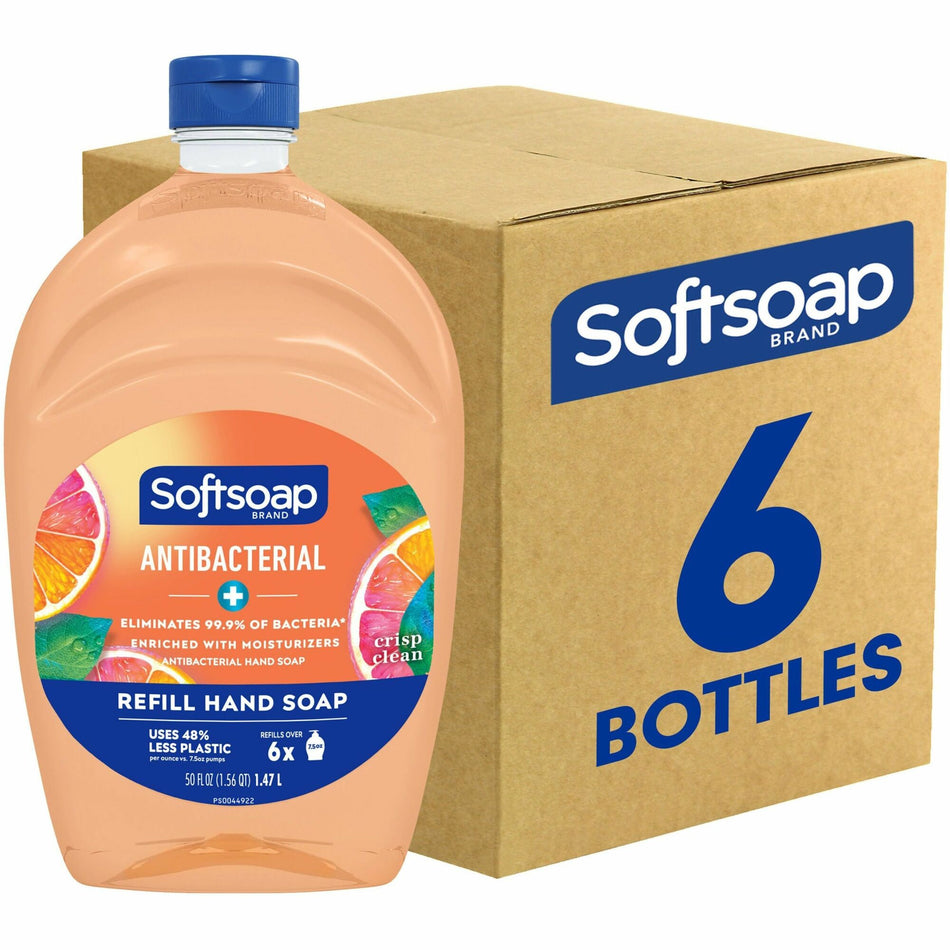 Softsoap Antibacterial Hand Soap - Crisp Clean Scent - 1.56 quart - Bacteria Remover - Hand, Skin, Kitchen, Bathroom - Moisturizing - Antibacterial - Orange - Refillable, Recyclable, Paraben-free, Phthalate-free, pH Balanced, Biodegradable - 6 / Carton