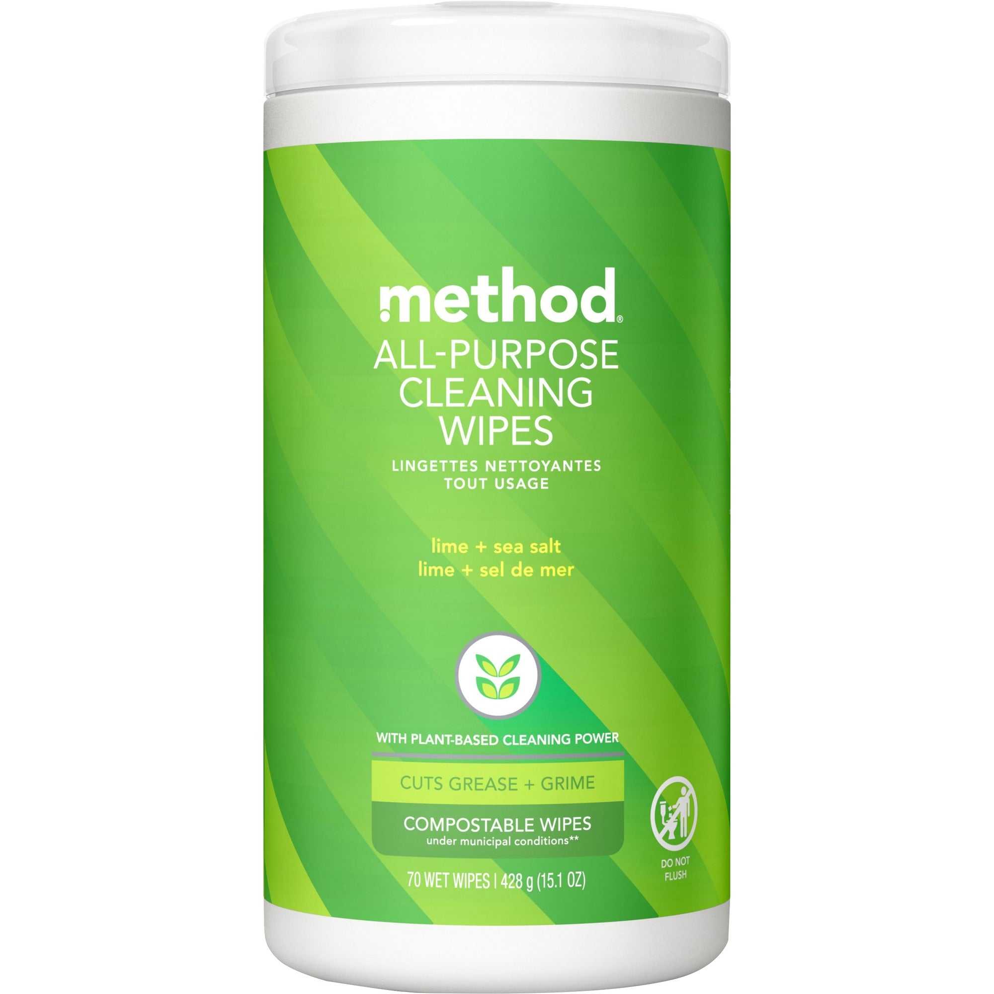 Method All-purpose Cleaning Wipes - Lime + Seasalt Scent - Pleasant Scent - Green - 70/Tub - 1 Each
