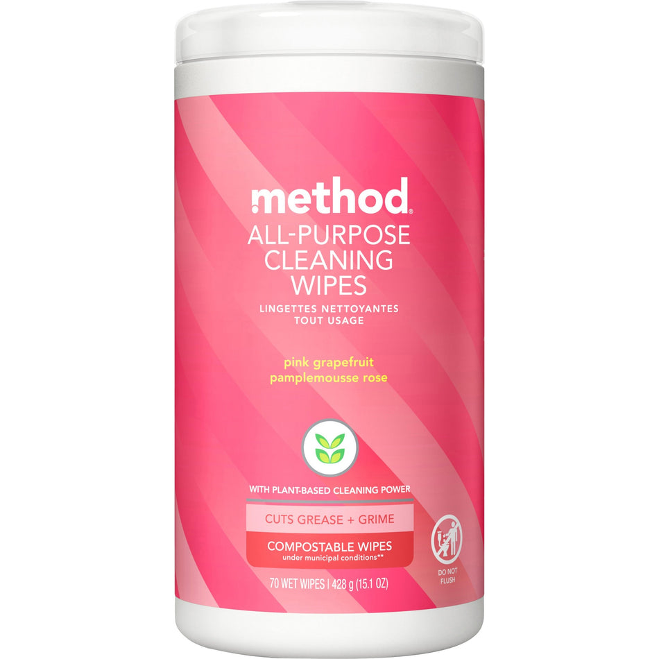 Method All-purpose Cleaning Wipes - Pink Grapefruit Scent - Pleasant Scent - Pink - 70/Tub - 1 Each