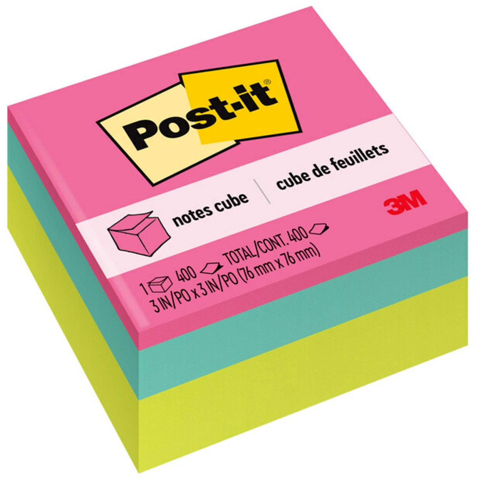 Post-it® Super Sticky Notes Cubes - 3" Flag/Note Width x 3" Flag/Note Length - Square - 400 Sheets per Pad - Power Pink, Aqua Splash, Acid Lime - Sticky, Adhesive - 1 Pack