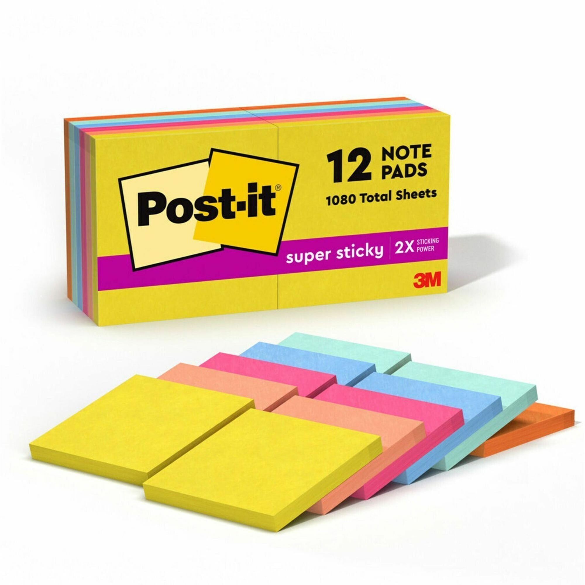Post-it® Super Sticky Note Pads - Summer Joy Color Collection - 3" Flag/Note Width x 3" Flag/Note Length - Square - 90 Sheets per Pad - Citron, Papaya Fizz, Power Pink, Washed Denim, Fresh Mint - Sticky, Recyclable - 12 / Pack