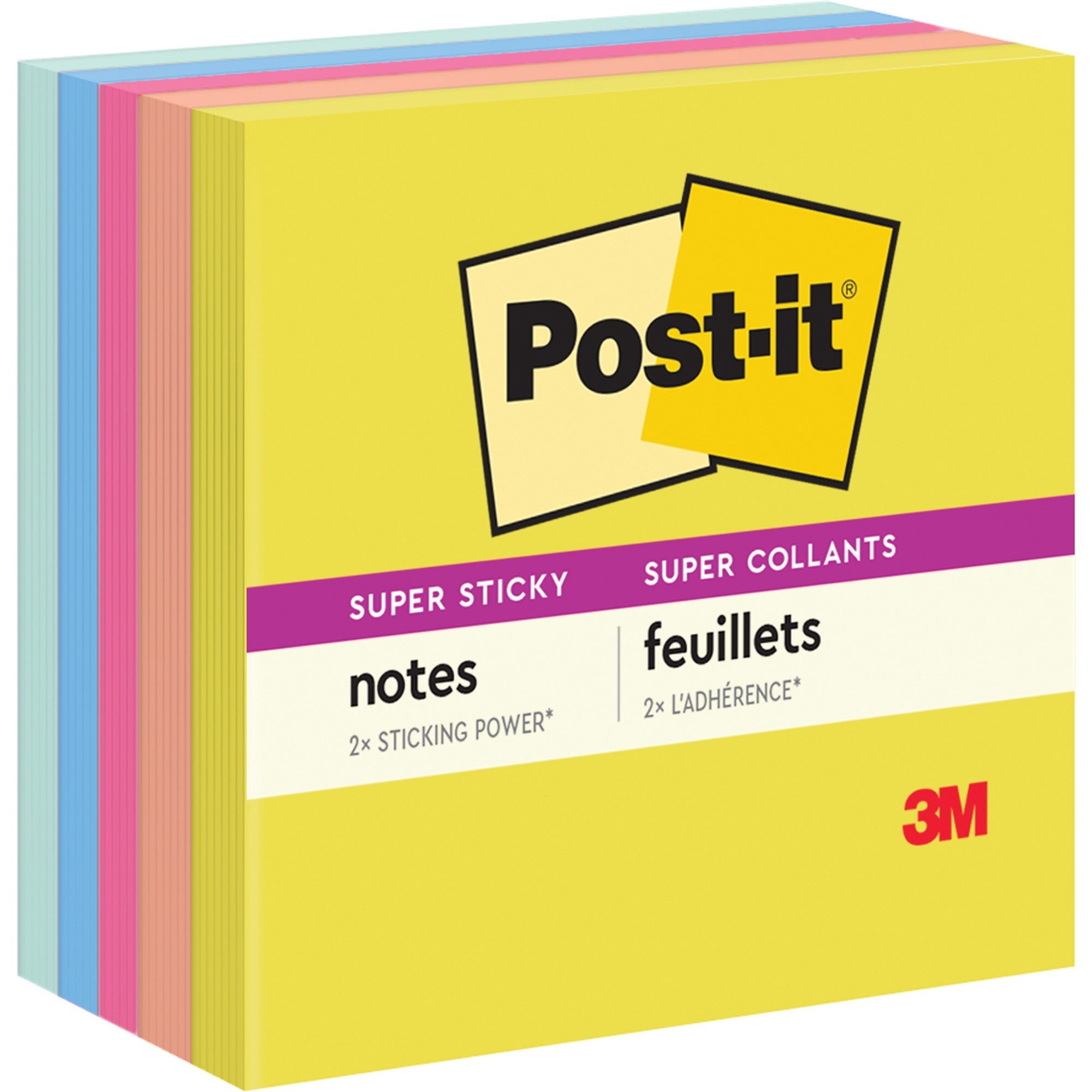 Post-it® Super Sticky Note Pads - Summer Joy Color Collection - 3" Flag/Note Width x 3" Flag/Note Length - Square - 90 Sheets per Pad - Citron, Papaya Fizz, Power Pink, Washed Denim, Fresh Mint - Sticky, Recyclable - 5 / Pack