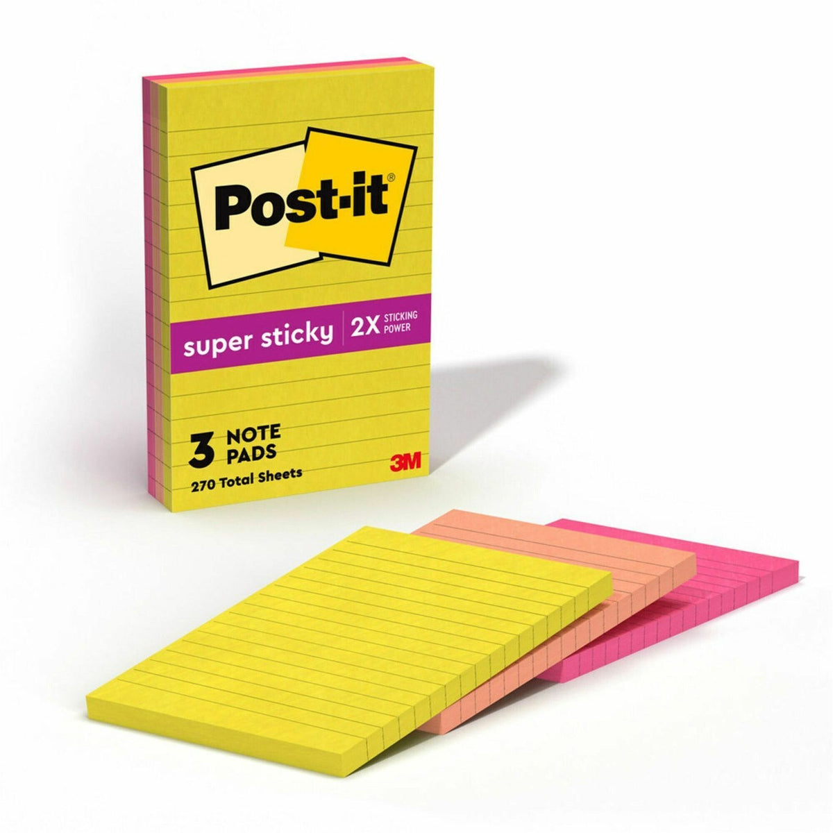 Post-it® Super Sticky Multi-Pack Notes - Summer Joy Color Collection - 4" Flag/Note Width x 6" Flag/Note Length - Rectangle - 90 Sheets per Pad - Citron, Papaya Fizz, Power Pink, Washed Denim, Fresh Mint - Sticky, Recyclable - 3 / Pack