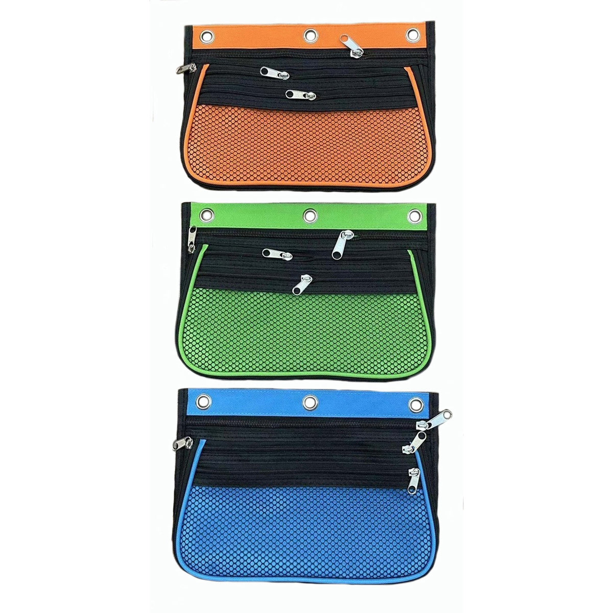 Charles Leonard Triple-pocket Pencil Pouches - 10.3" Height x 7.3" Width - Ring Binder - Green, Orange, Blue - Nylon - 24 / Display Box