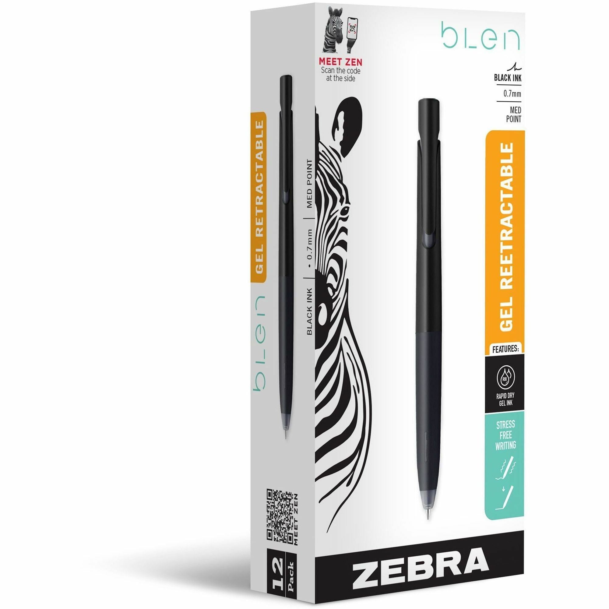 Zebra Pen bLen Retractable Gel Black Barrel 0.7mm Dozen - 0.7 mm Medium Pen Point - Retractable - Black Ink - Gel-based - Black Barrel - 1 Dozen