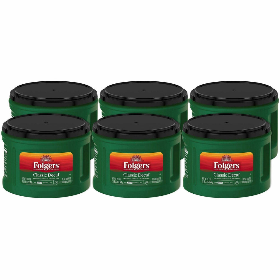 Folgers® Ground Classic Decaf Coffee - Medium - 19.2 oz Per Canister - Ground - Classic - Decaffeinated - 6 / Carton