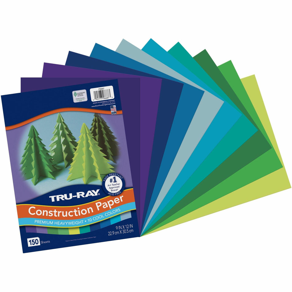 Tru-Ray Construction Paper - Construction, Art Project, Craft Project - 9" Width x 12" Length - Festive Green, Turquoise, Brilliant Lime, Violet, Holiday Green, Sky Blue, Royal Blue, Purple, Atomic Blue, Blue - Sulphite - 150 / Pack