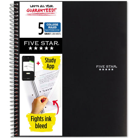 Five Star Notebook - 5 Subject(s) - 200 Sheets - Wire Bound - College Ruled Front Ruling - 3 Hole(s) - Letter - 8 1/2" x 11" Sheet Size - Black Cover - Bleed Resistant, Pocket, Perforated, Water Resistant, Spiral Lock, Acid-free, Pocket Divider - 1 Each