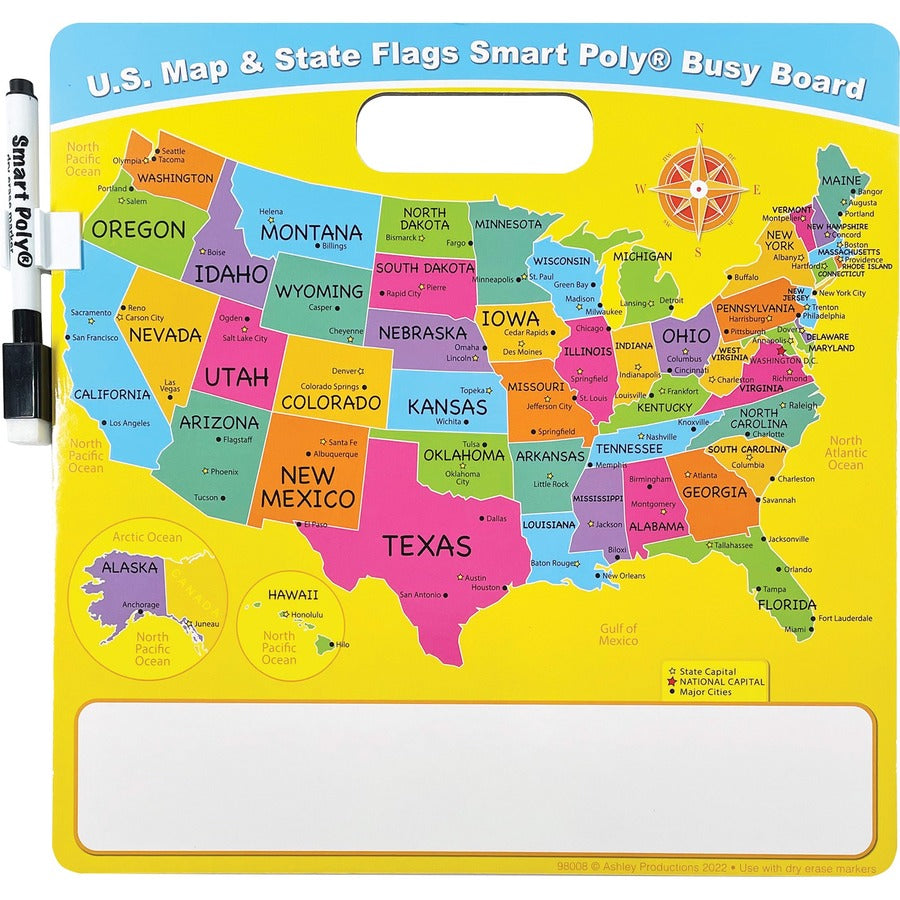 Ashley U.S. Map/Flags Smart Poly Busy Board - 10.8" (0.9 ft) Width x 10.8" (0.9 ft) Height - Poly-coated Cardboard Surface - Square - 1 Each