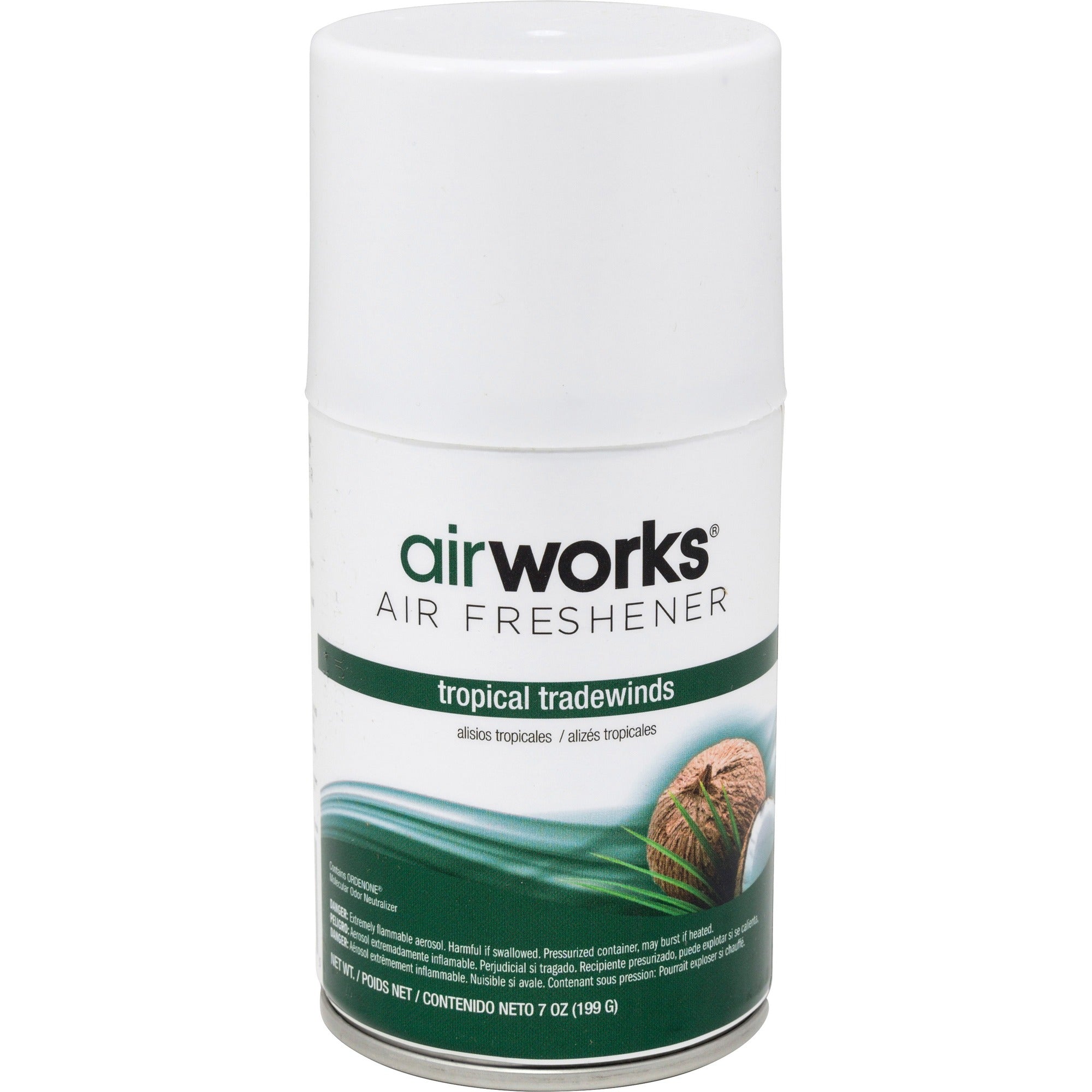 AirWorks Metered Aerosol Air Fresheners - Spray - 6000 ftÔøΩ - 7 fl oz (0.2 quart) - Tropical Tradewind - Wall Mountable - 12 / Carton
