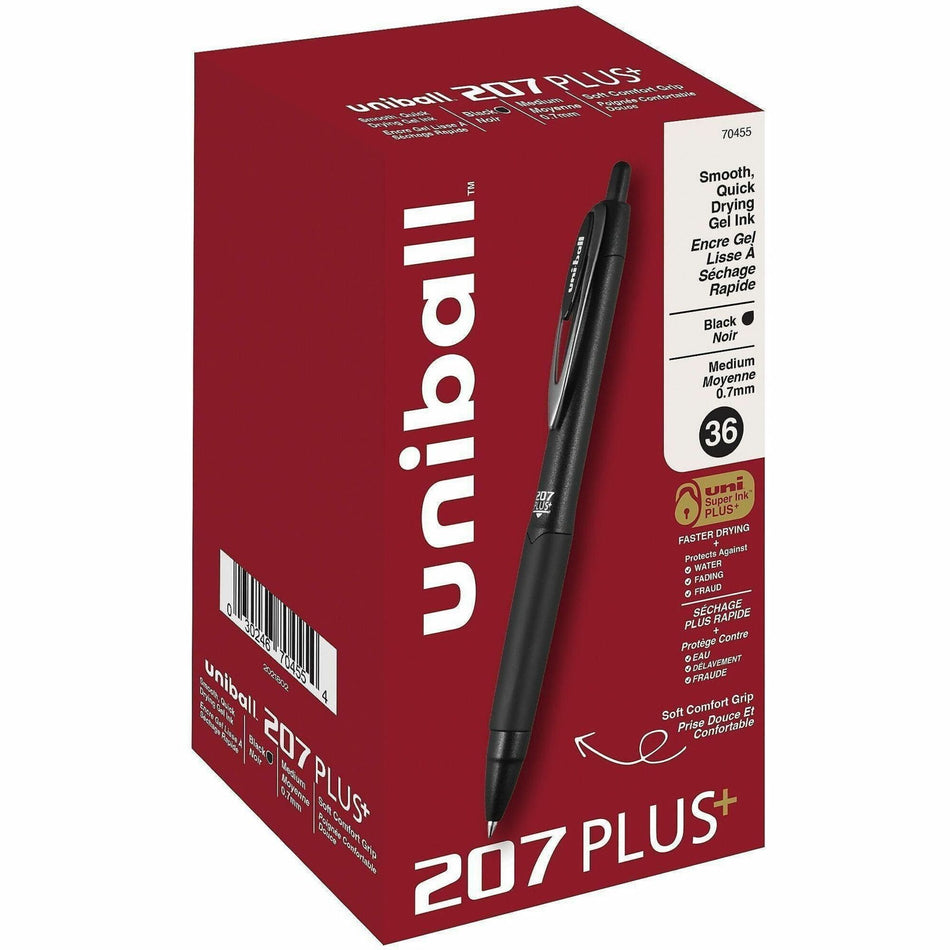 uniball&#8482; 207 Plus+ Gel Pen - 0.7 mm Medium Pen Point - Retractable - Black Ink - Gel-based, Nanofiber Ink - Black Metal Barrel - 36 / Box