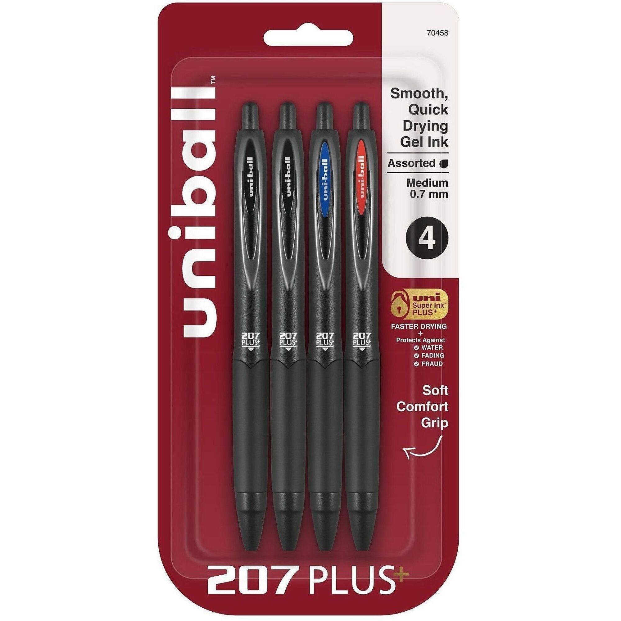 uniball&#8482; 207 Plus+ Gel Pen - 0.7 mm Medium Pen Point - Retractable - Assorted Ink - Gel-based, Nanofiber Ink - Black Metal Barrel - 4 / Pack