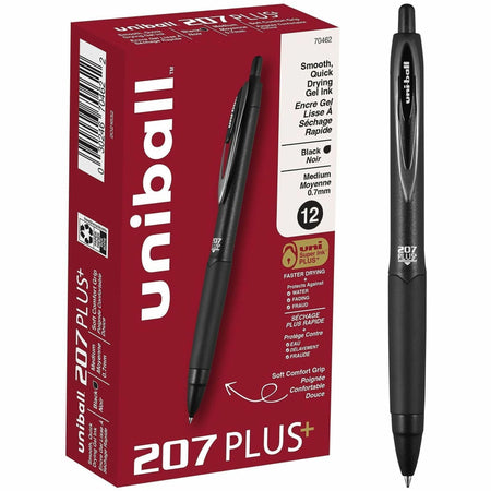 uniball&#8482; 207 Plus+ Gel Pen - 0.7 mm Medium Pen Point - Retractable - Black Ink - Gel-based, Nanofiber Ink - Black Metal Barrel - 1 Dozen