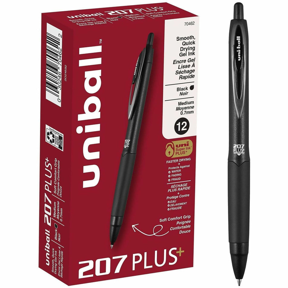 uniball&#8482; 207 Plus+ Gel Pen - 0.7 mm Medium Pen Point - Retractable - Black Ink - Gel-based, Nanofiber Ink - Black Metal Barrel - 1 Dozen