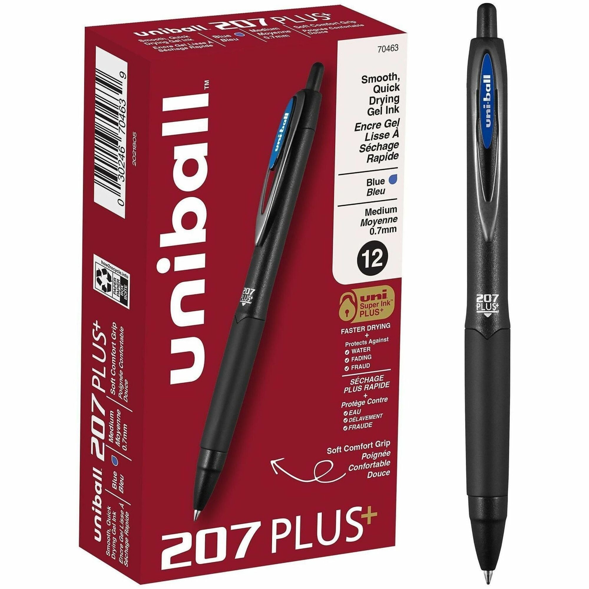 uniball&#8482; 207 Plus+ Gel Pen - 0.7 mm Medium Conical Pen Point - Refillable - Retractable - Blue Ink - Gel-based, Nanofiber Ink - Black Metal Barrel - 1 Dozen