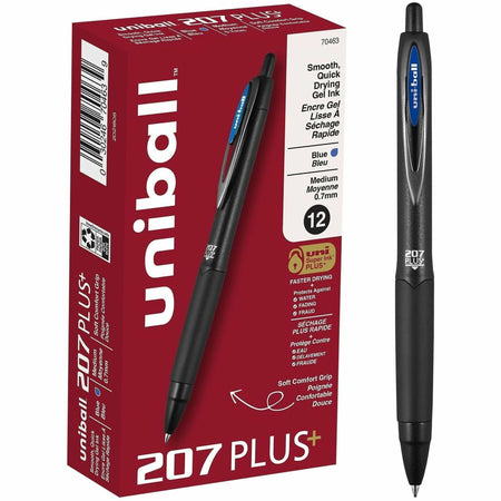 uniball&#8482; 207 Plus+ Gel Pen - 0.7 mm Medium Conical Pen Point - Refillable - Retractable - Blue Ink - Gel-based, Nanofiber Ink - Black Metal Barrel - 1 Dozen