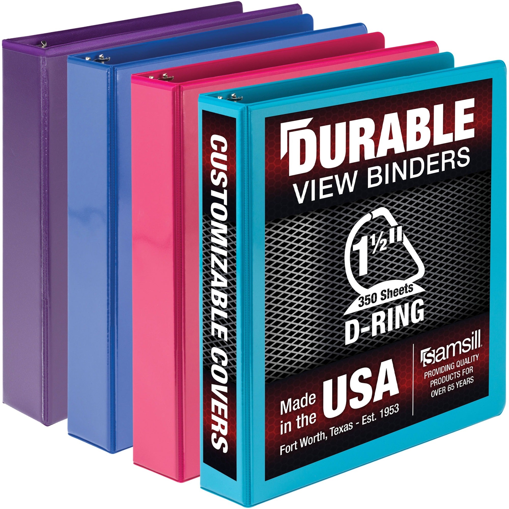 Samsill Durable View Binders - 1 1/2" Binder Capacity - 350 Sheet Capacity - Fastener(s): D-Ring - Chipboard, Polypropylene - Assorted - Recycled - Clear Overlay, Durable, Non-glare, PVC-free, Non-stick, Ink-transfer Resistant - 4 / Pack
