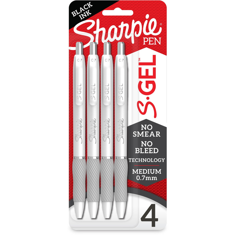 Sharpie S-Gel Pens - 0.7 mm Medium Pen Point - Black Ink - Gel-based - White Metal Barrel - 4 / Pack