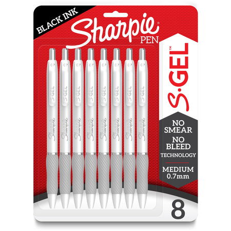 Sharpie S-Gel Pens - 0.7 mm Medium Pen Point - Black Ink - Gel-based - White Metal Barrel - 8 / Pack