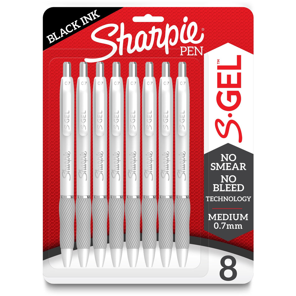 Sharpie S-Gel Pens - 0.7 mm Medium Pen Point - Black Ink - Gel-based - White Metal Barrel - 8 / Pack
