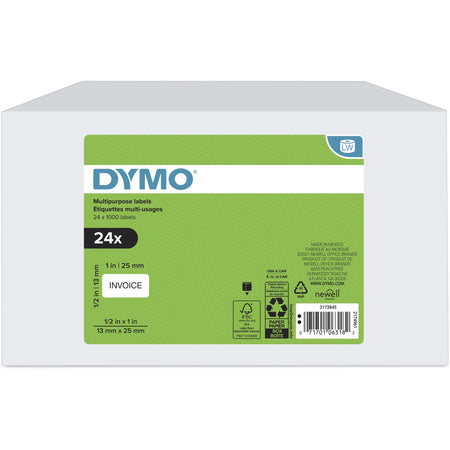 Dymo Multipurpose White Medium Labels - 1" Width x 1/2" Length - Rectangle - Thermal - White - Jam Resistant, Self-adhesive, Hassle-free - 1000 / Roll - 24 / Box