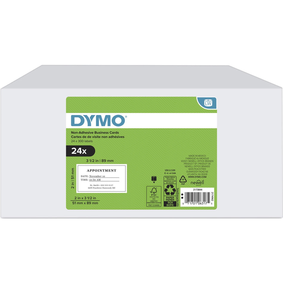 Dymo LabelWriter Business Card Label - x 2" Width x 3 1/2" Length - Roll - Direct Thermal - White - Non-adhesive - 300 / Roll - 24 / Box
