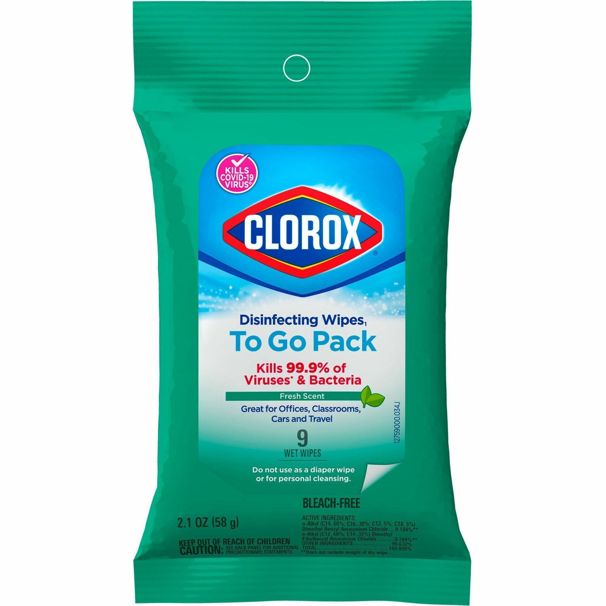 Clorox Bleach-Free Disinfecting WipesTo-Go Pack - Fresh Scent - Bleach-free, Disinfectant, Antibacterial, Disposable - White - 9 Pack - 1 Each