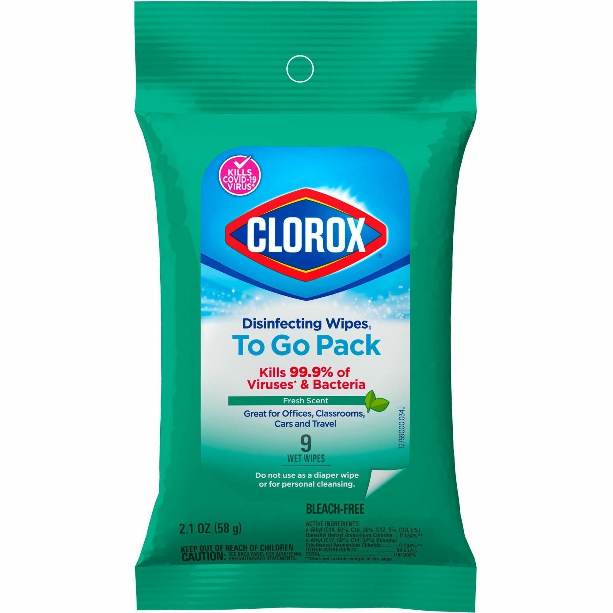 Clorox Bleach-Free Disinfecting WipesTo-Go Pack - Fresh Scent - Bleach-free, Disinfectant, Antibacterial, Disposable - White - 9 Pack - 1 Each