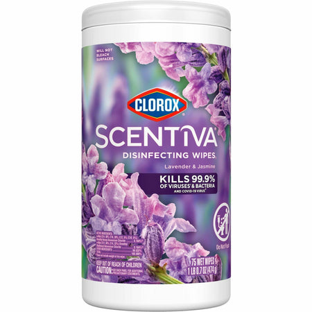 Clorox Scentiva Bleach-Free Cleaning Wipes - Lavender & Jasmine Scent - Bleach-free, Disinfectant, Long Lasting, Deodorize, Odor Neutralizer - White - 75 Tub - 1 Each