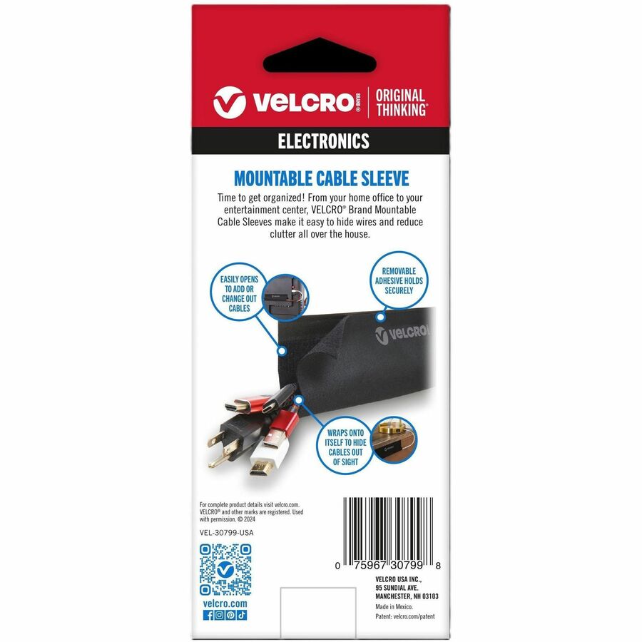 VELCRO®  Mountable Cut-To-Length Cable Sleeves - Cable Sleeve - Black - 36" Length - 1 Each
