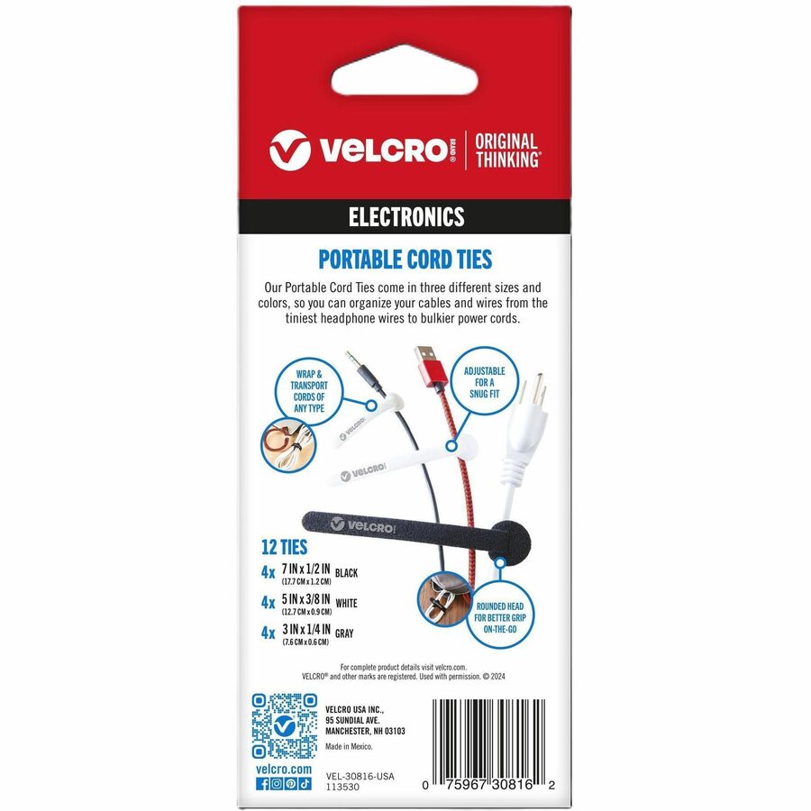 VELCRO®  Portable Cord Ties - Cable Tie - Multi - 12 / Pack