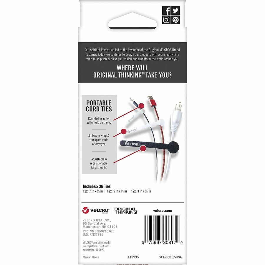 VELCRO®  Portable Cord Ties - Cable Tie - Multi - 36 / Pack