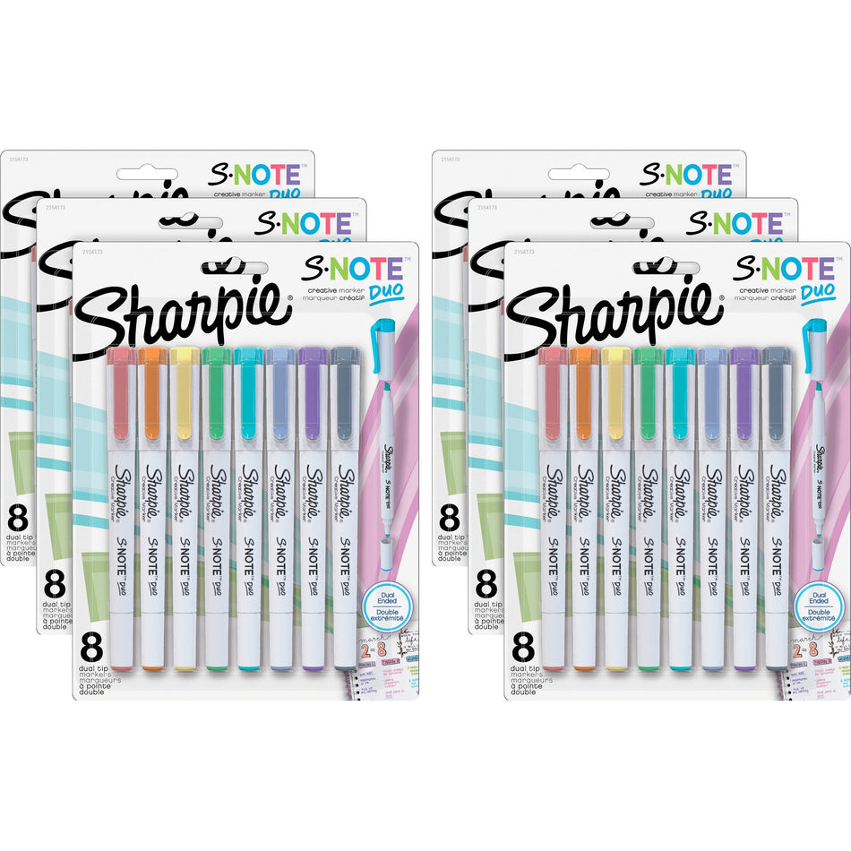 Sharpie S-Note Duo Dual-Tip Markers - Chisel, Bullet Marker Point - Assorted Ink - 8/Pack - 6 / Box