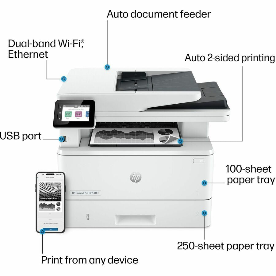 HP LaserJet Pro 4101fdw Wireless Laser Multifunction Printer - Monochrome - White - Alternate-Image8
