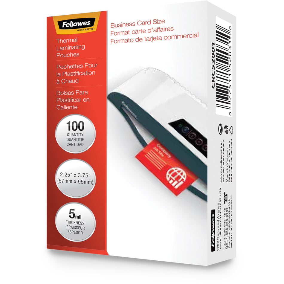 Fellowes Business Card Glossy Laminating Pouches - Laminating Pouch/Sheet Size: 3.75" Width x 5 mil Thickness - Type G - Glossy - for Business Card - Durable - Clear - 100 / Pack