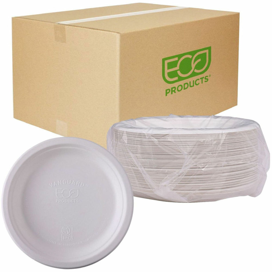 Eco-Products Vanguard 6" Sugarcane Plates - Breakroom - Disposable - Microwave Safe - 6" Diameter - White - Sugarcane Fiber Body - 1000 / Carton