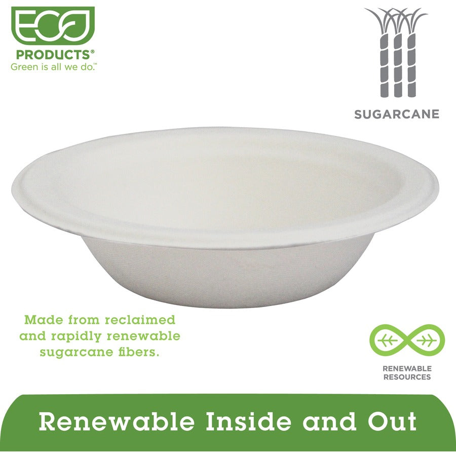 Eco-Products Vanguard 12 oz Sugarcane Bowls - Breakroom - Disposable - Microwave Safe - White - Sugarcane Fiber Body - 1000 / Carton