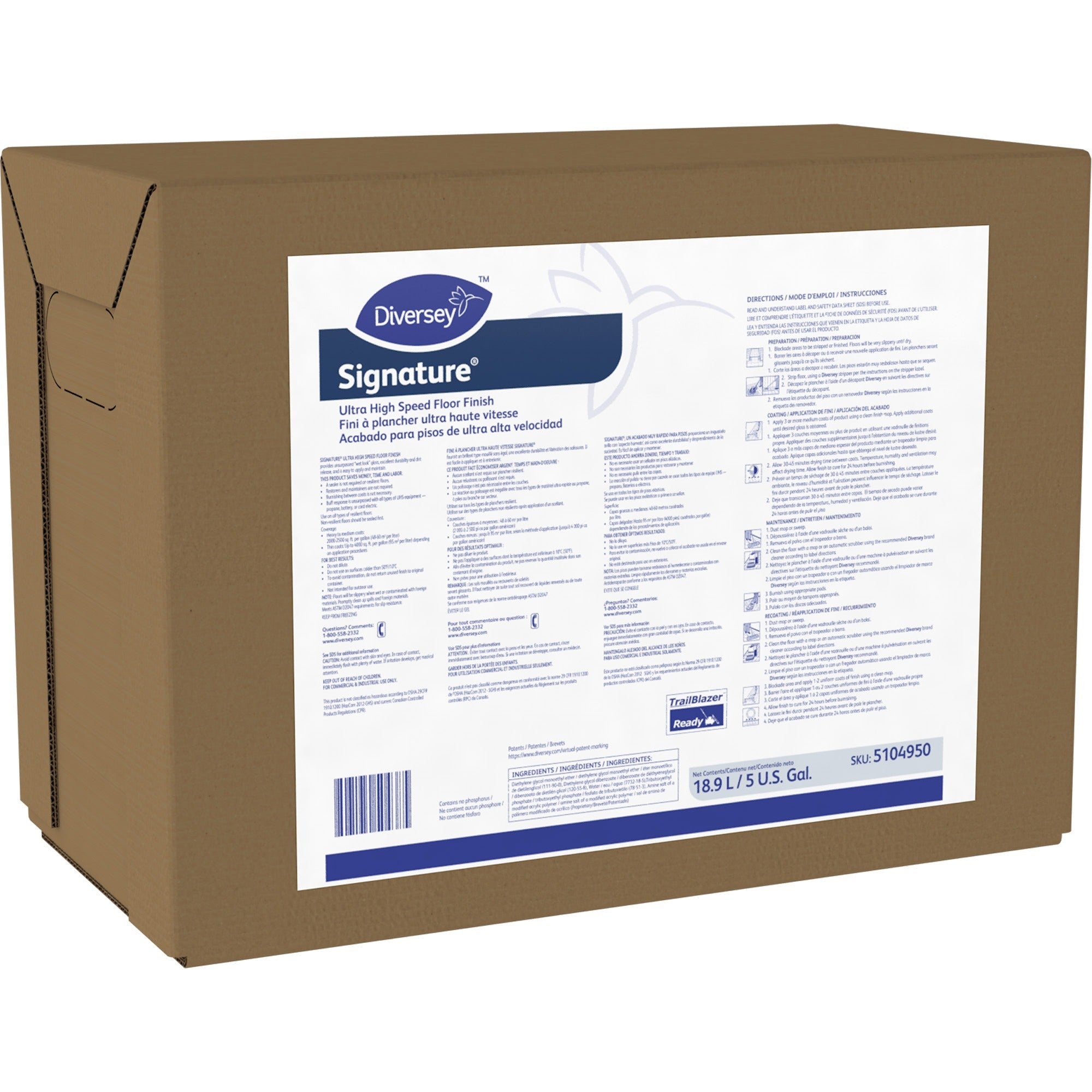 Diversey Signature UHS Floor Finish - 640 fl oz (20 quart) - Ammonia Scent - Durable - White - 1 Box